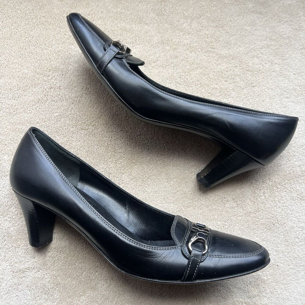 Salvatore Ferragamo Black Leather Heel Pump Women 7.5 AA Narrow Buckle‎ Designer